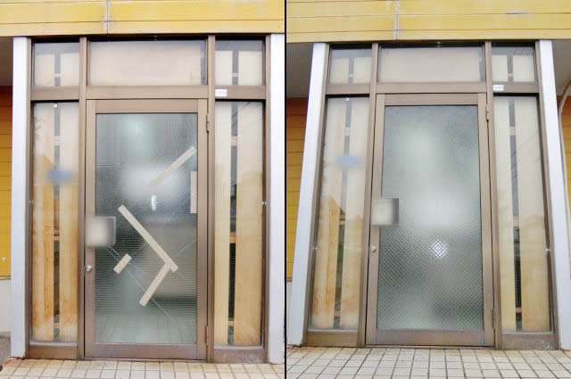 事務所入口ドアのガラス修理、交換　網入りガラス　名古屋市港区